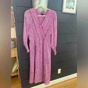 Halogen purple wrap lined midi dress sheer sleeves large